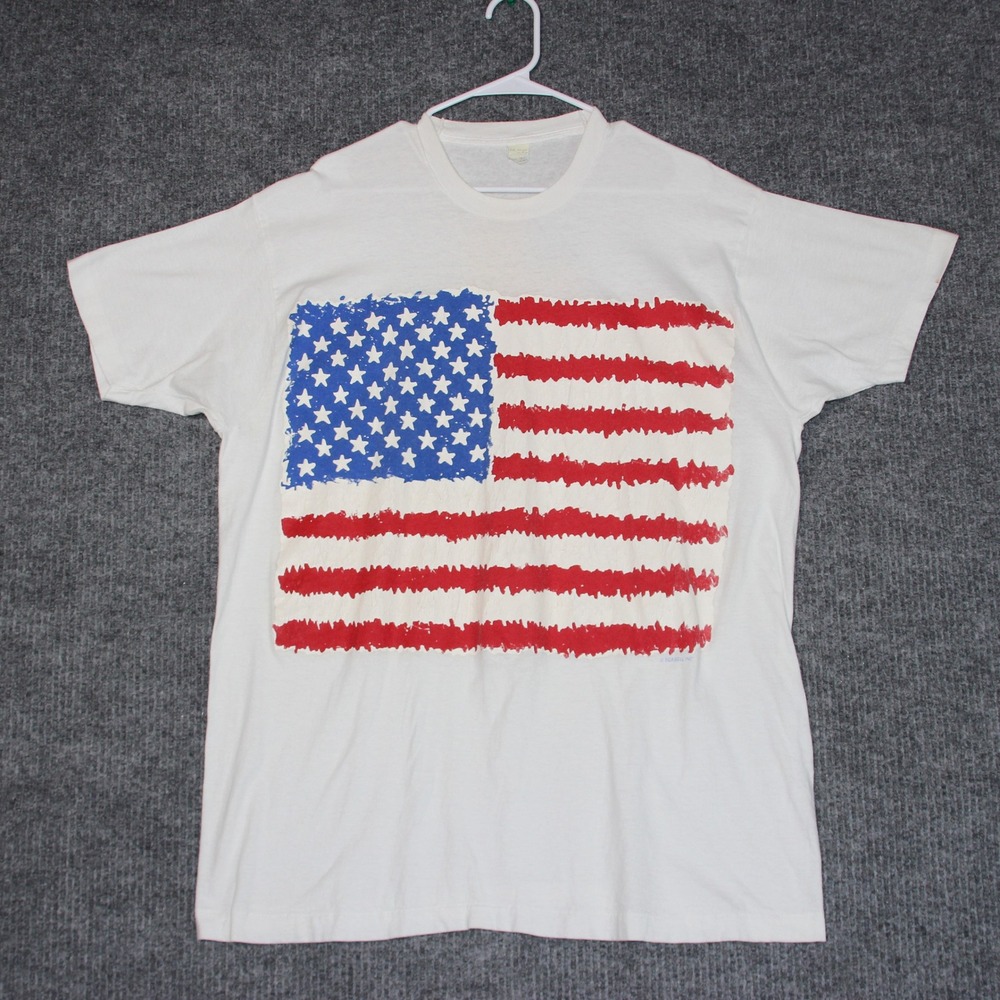 Vintage 80s Screen Stars T Shirt Mens 3XL White US Flag Art Sea Bell